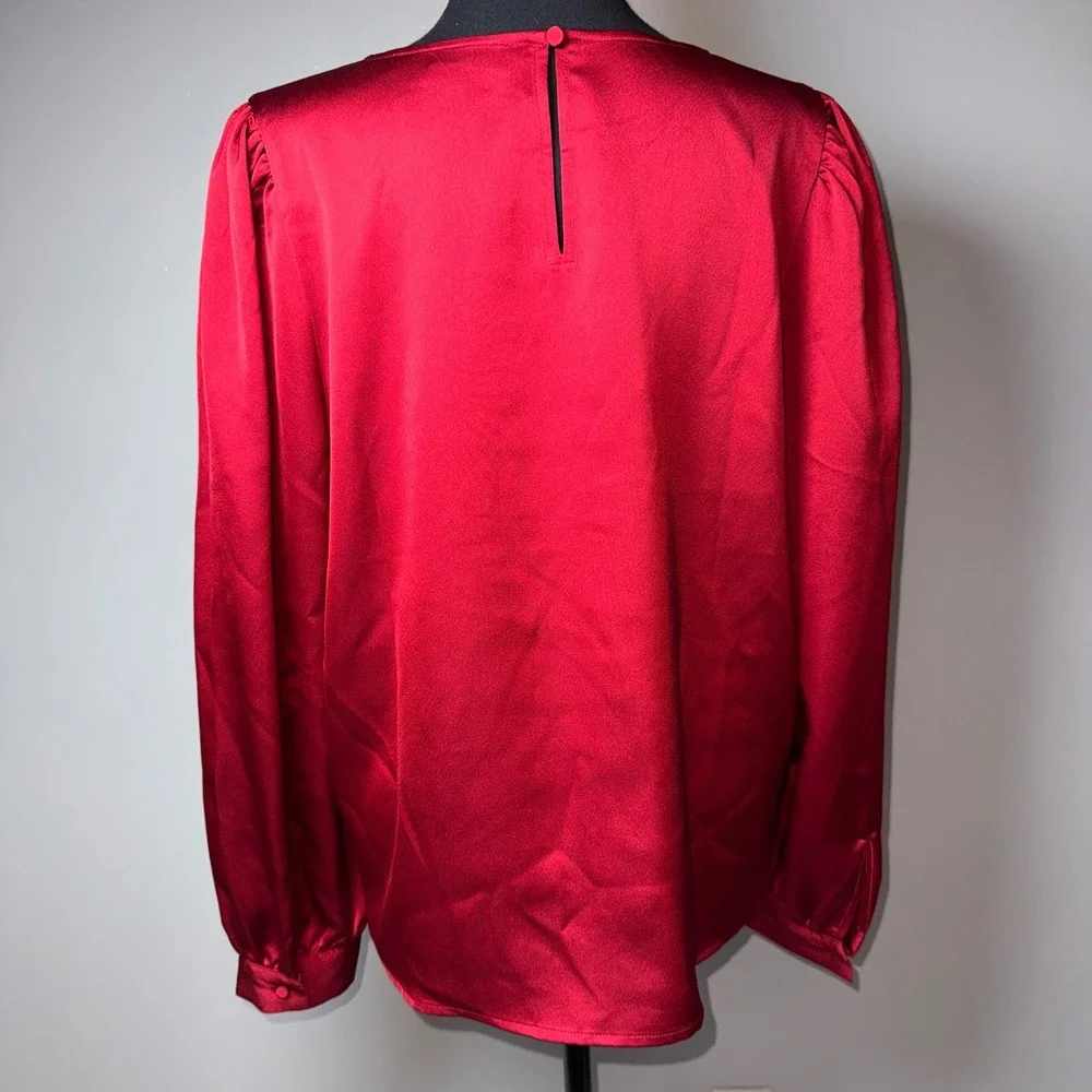 LOFT Womens Red Satin Puff Sleeve Dressy Blouse Crew Neck Keyhole Back Size L